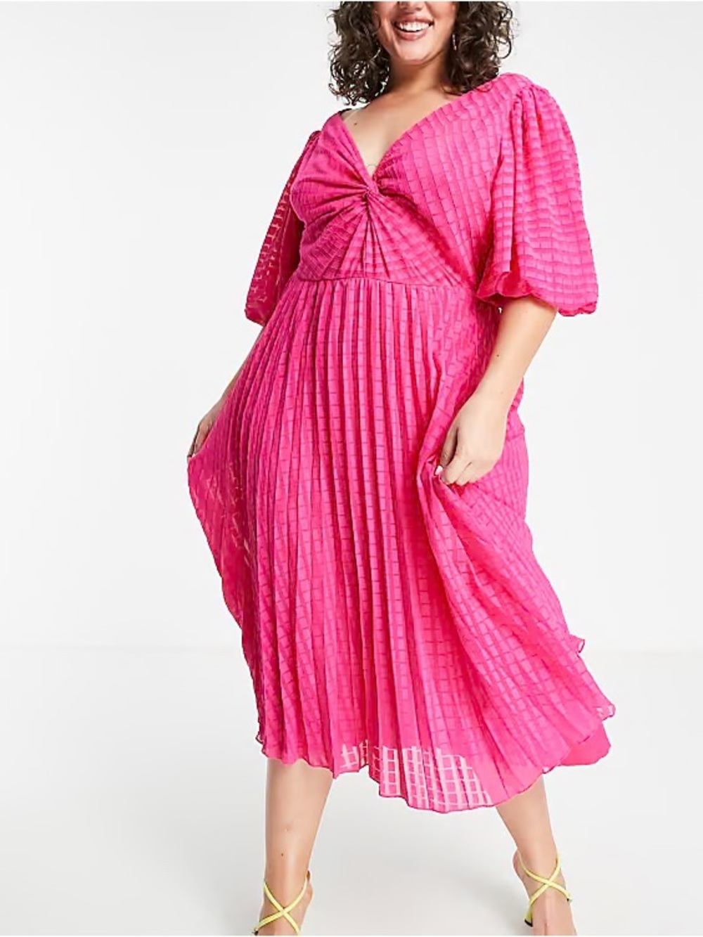 ASOS Bright Pink V-Neck Pleated Midi Dress